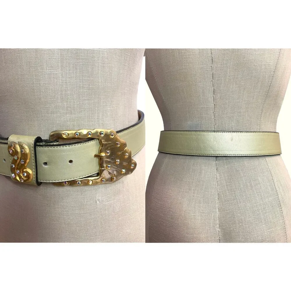 Vintage Gold Leather Rhinestone Buckle Statement Belt Marcella Romaya